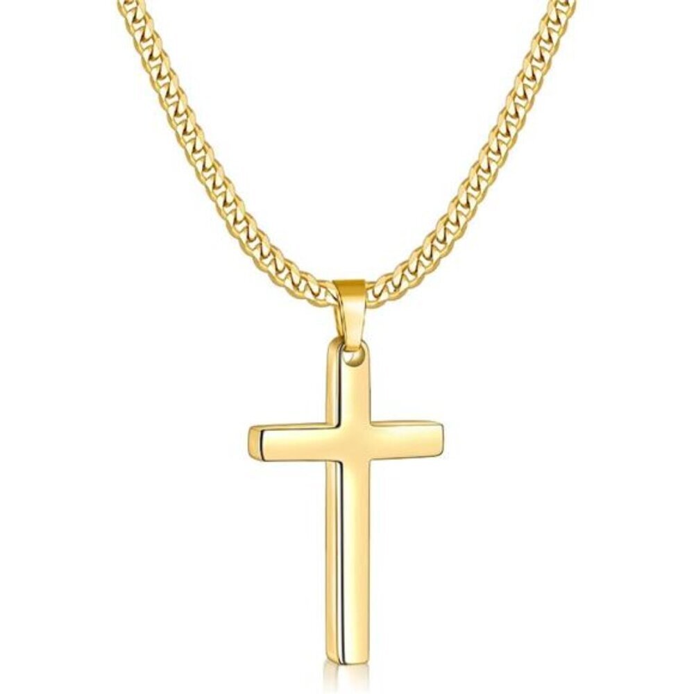 Mens Gold Cross Necklace 3.5mm Chain Stainless Steel